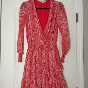 Michael Kors Coral Snakeskin Animal Print Lined Long Sleeve Midi Dress